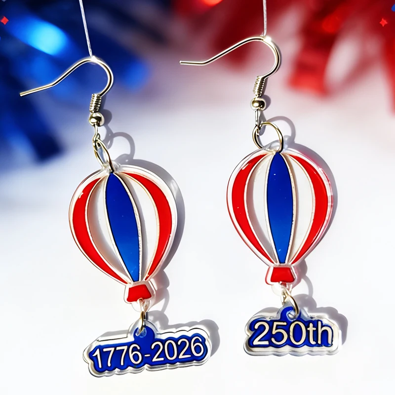 2026 250th Independence Day Earrings Hot Air Balloon US Flag Colored Stainless steel ear hook  Acrylic Earrings Party Decoration