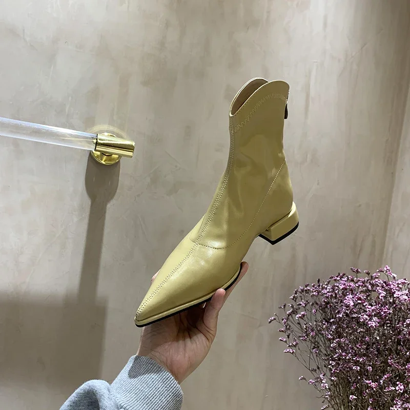 2023 New Spring Women Boots Pointed Toe Ankle Boots Ladies Fashion Zip Shoes Female Low Heel Pumps Patent Leather Short Boots