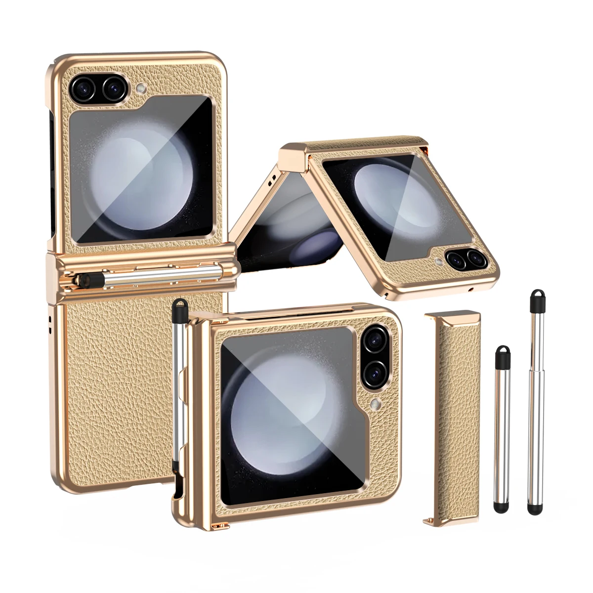 

Electroplated Leather Texture Dual Hinge Retractable Capacitive Pen Anti-fingerprint Shockproof Case For Samsung Z Flip 3 4 5