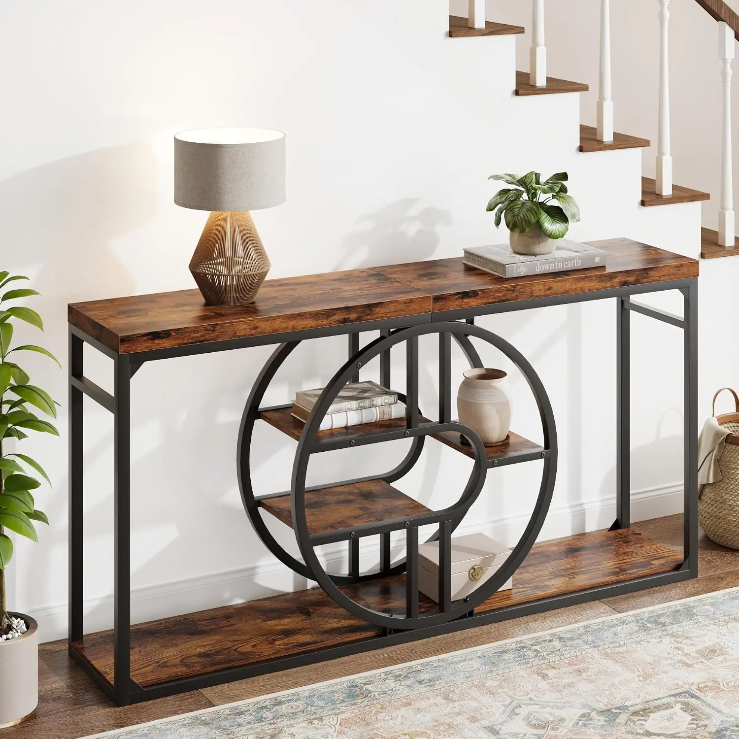 55 Inch Narrow Console Table 5-Tier O-Frame Metal Entryway Extended Storage Sofa Table for Hallway Living Room, Customized