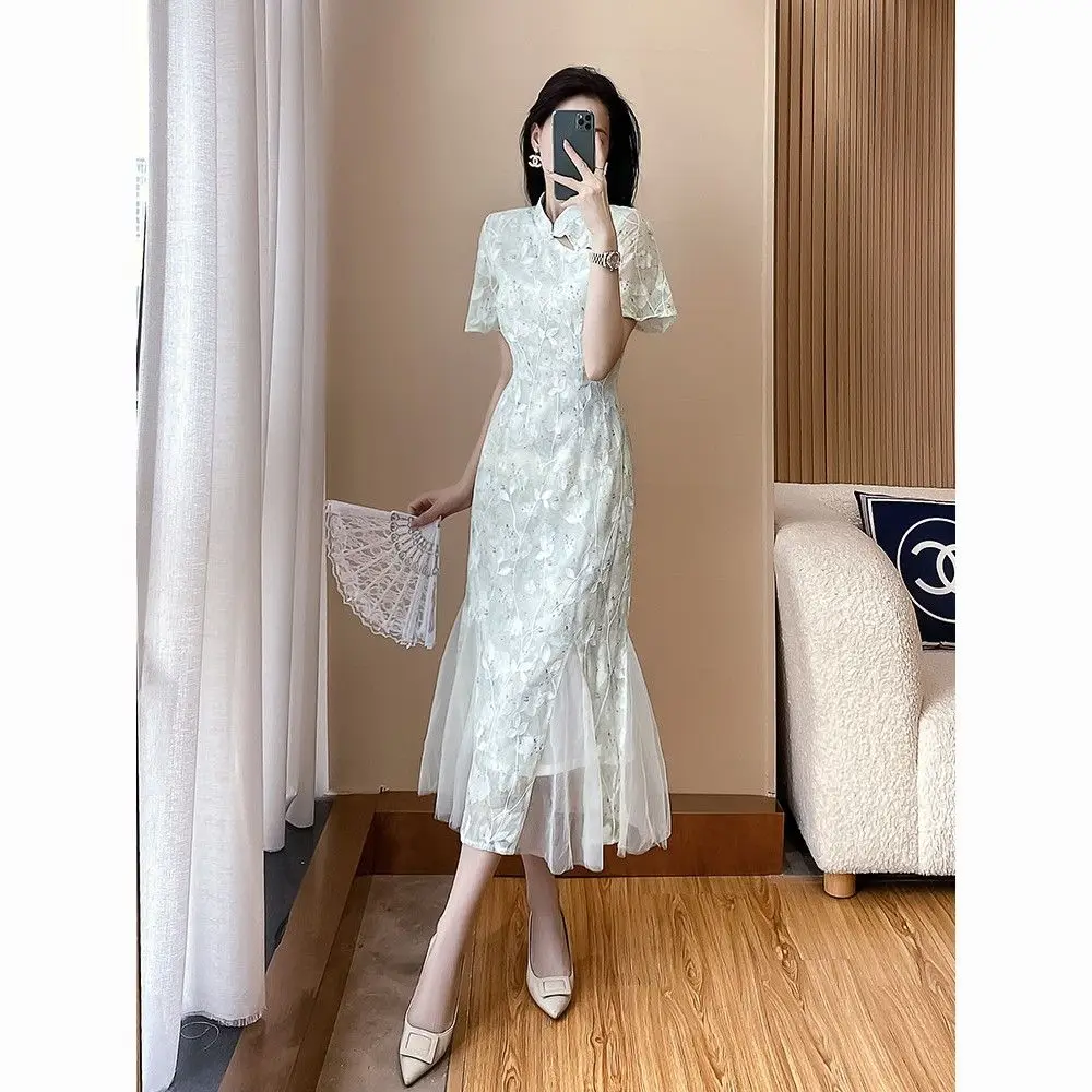 Elegant cheongsam short sleeve printed lace tulle Chinese style women Spring and Autumn daily banquet dinner dress qipao