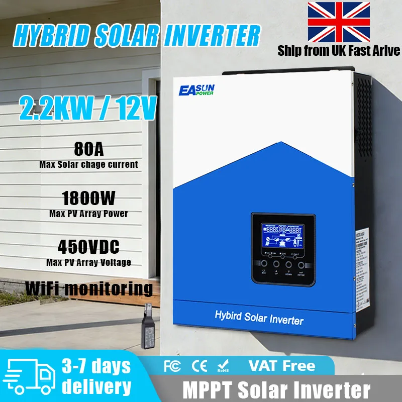 EASUN POWER 12V 2200W Hybrid Solar Inverter Pure Sine Ivnerter 230V with Mppt 80A Charge Controller PV Input 450V EU& UK Stock