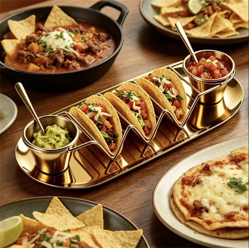 Juego de 5 Soportes para Tacos de Acero Inoxidable con Tazas para Salsas, Cuchara y Bandeja, Soporte para Tacos, Taza para Aderezos, Cuchara para Condimentos, Bandeja para Servir