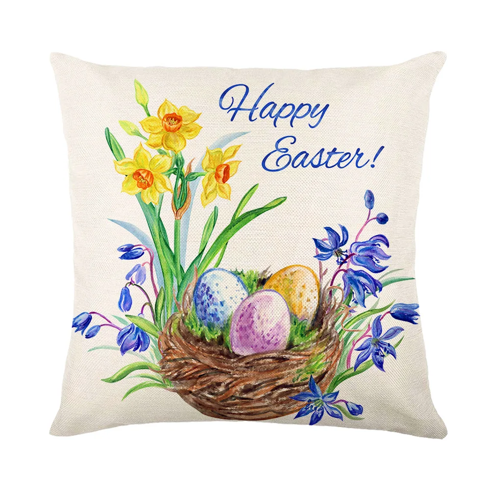 Spring Easter Home Decor Cushion Cover Flowers Bunny Eggs Printed Pillow Cover Easter Decorations Square Linen Throw Pillowcase