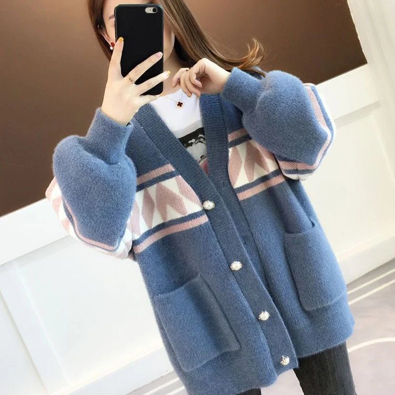 2024 Printed Lantern Sleeve Knit Cardigan Women Oversize Single Breasted Cardigan Coat Woman Korean V Neck Sweater Cardigans