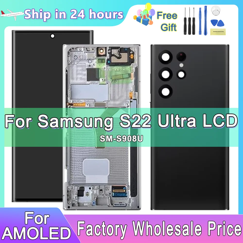 

For AMOLED For Samsung Galaxy S22 Ultra 5G S908B S908B/DS LCD Display Touch Screen Digitizer Assembly Replacement with Frame