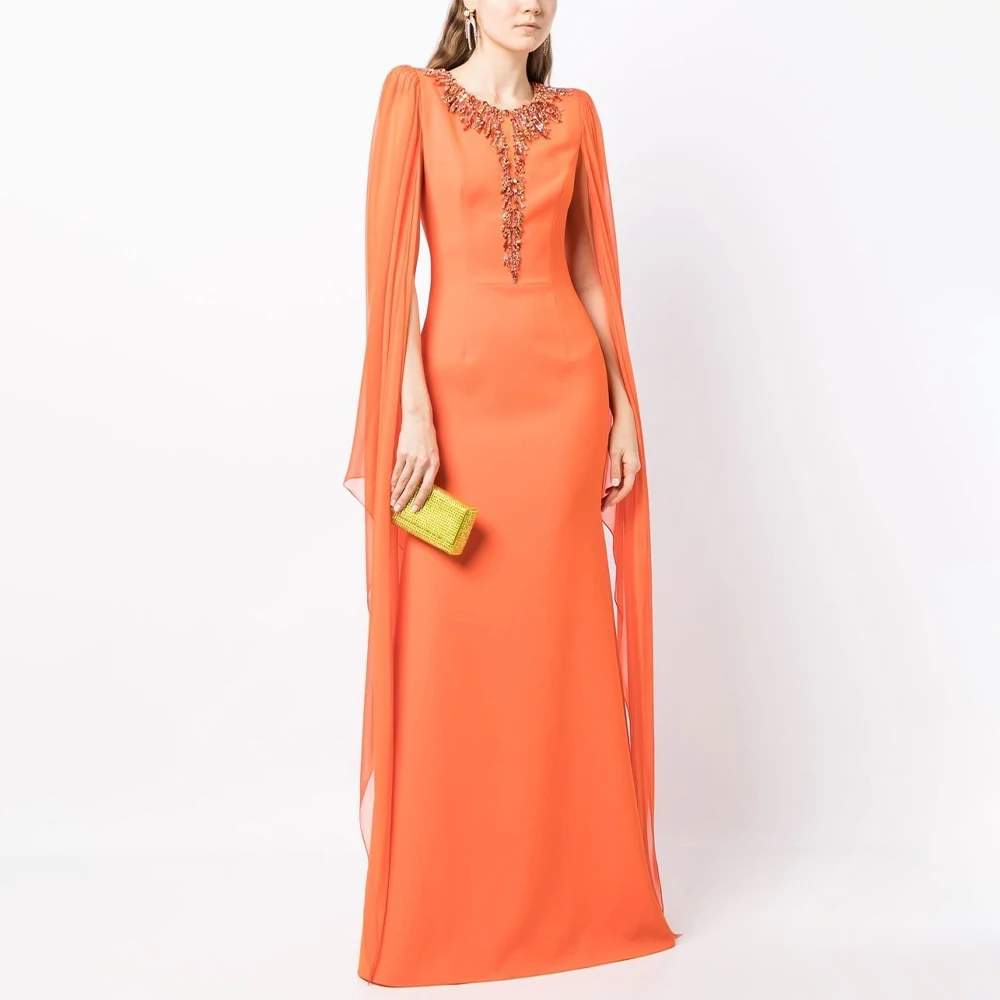 

Orange Evening Dress for Women Cloak Sleeves Crystal O Neck Evening Gowns Long 2024 Trumpet/Mermaid Elegant Wedding Guest Dress