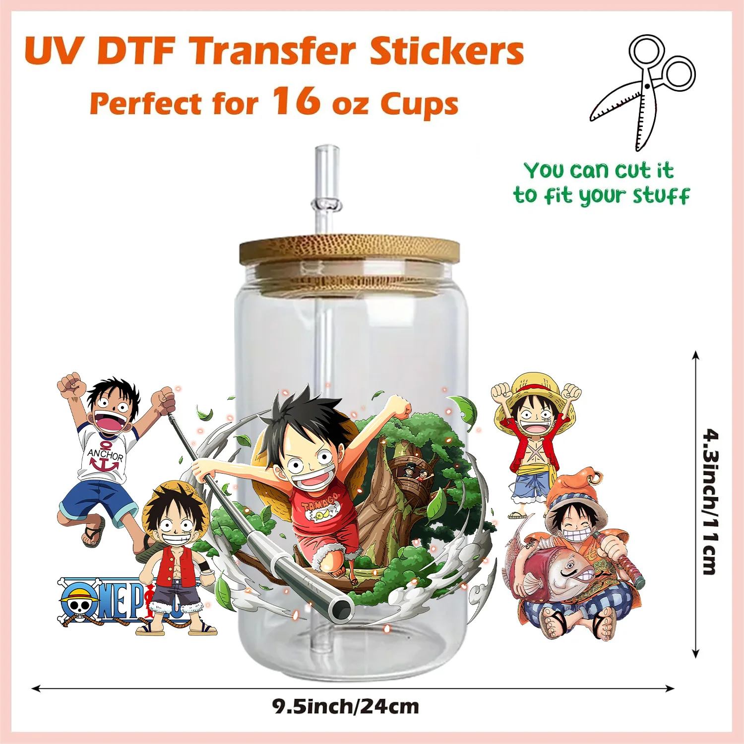 Japanese anime character peel waterproof DIY Decals 3D transfers uvdtf crystal stickers 16oz uv dtf cup wraps for Libbey Glasses