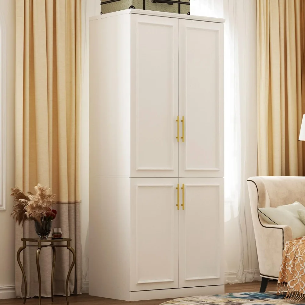 

4-Door Wardrobe Cabinet with Hanging Rod and Shelves,Modern Free Standing Wood Storage Closet with Carved Lines and Golden Metal