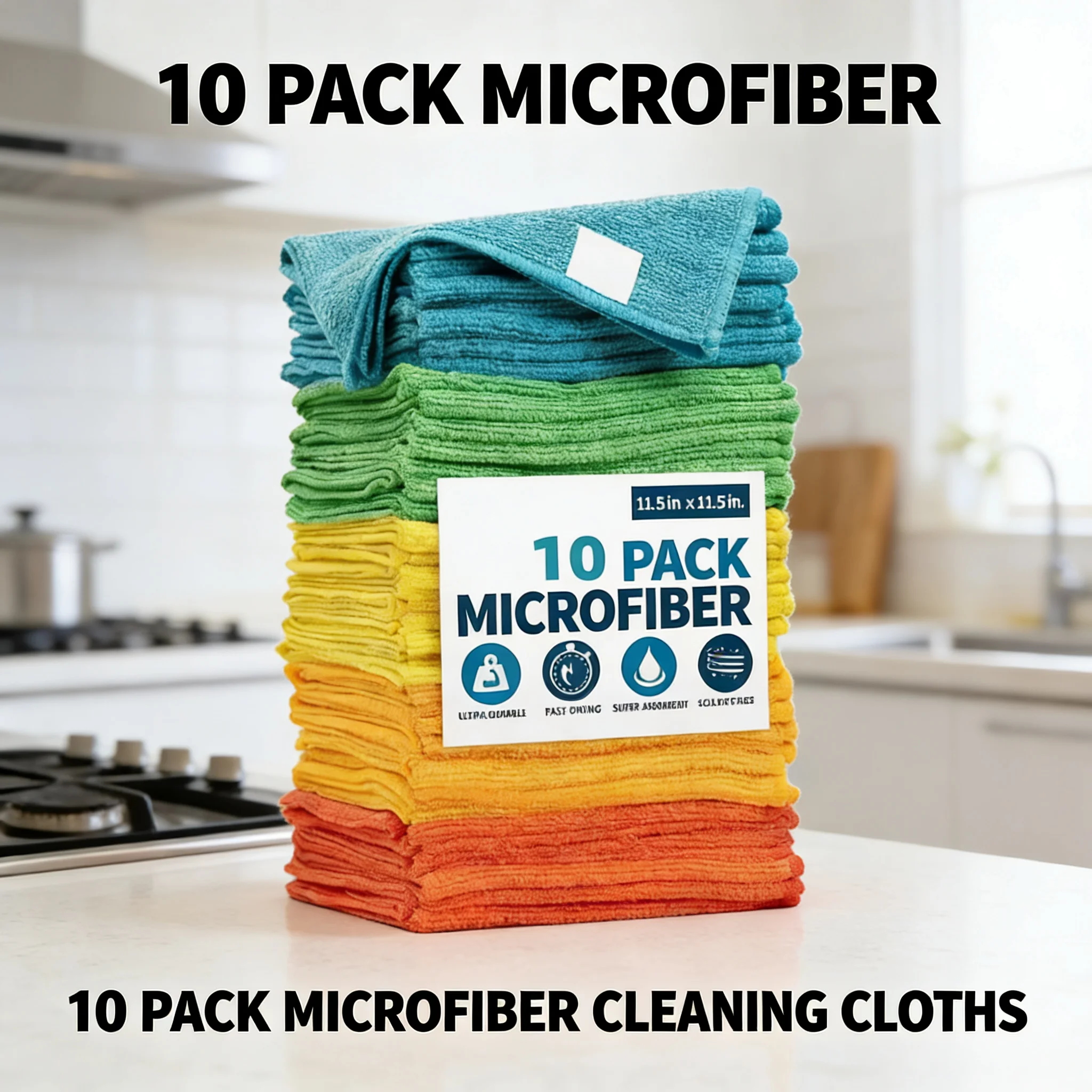 Paquete de 10 Paños de Limpieza de Microfibra, Sin Pelusa, Reutilizables, Absorbentes, para Limpiar la Cocina, el Coche, las Ventanas y la Escritorio