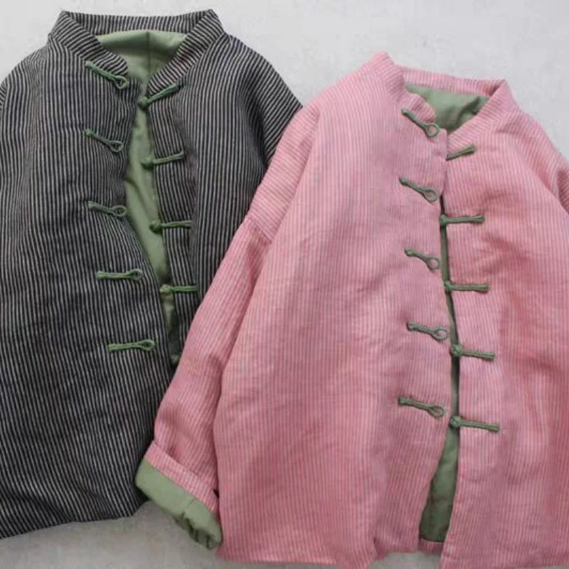 

Хлопково-льняная полосатая куртка в китайском стиле, женская осенняя новая куртка с лягушкой на пуговицах, утепленное женское пальто, повседневные зимние парки