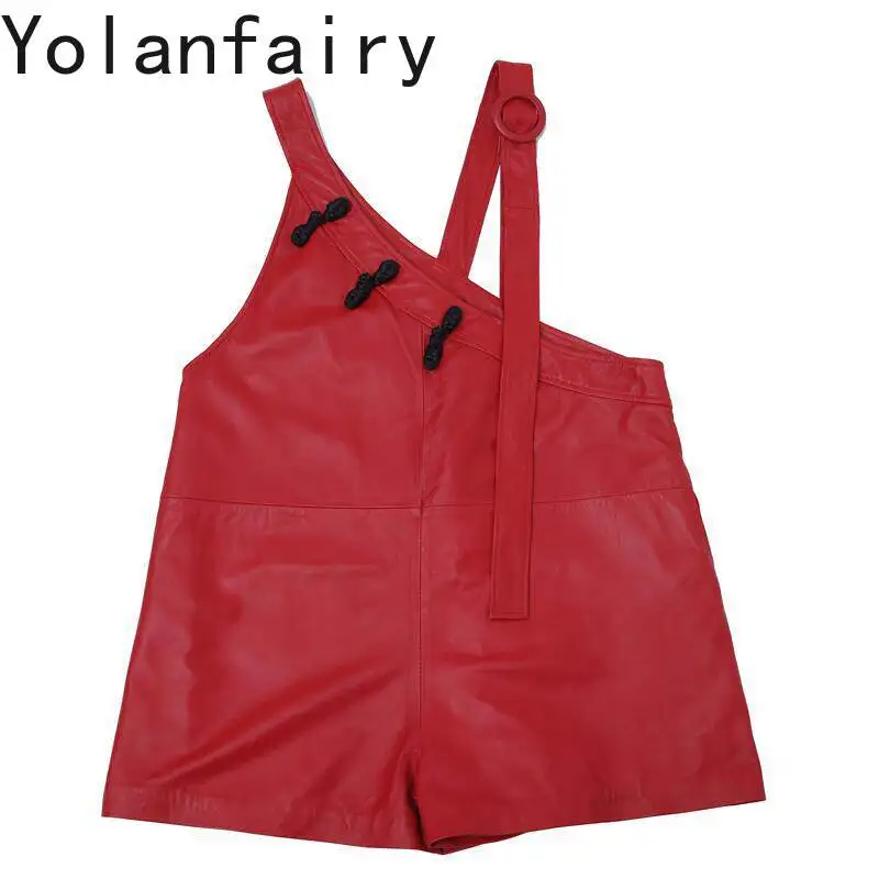 

YOLANFAIRY Fashion Women 2026 Fall Red Real Leather Suspender Shorts Sheepskin Loose Wide Leg Asymmetric Shoulder Casual Romper