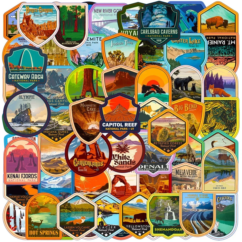 63Pcs National Park Landscape Outdoor Stickers Cartoon Decal Travel Skateboard Phone Laptop Car Luggage Bike Sticker Toys