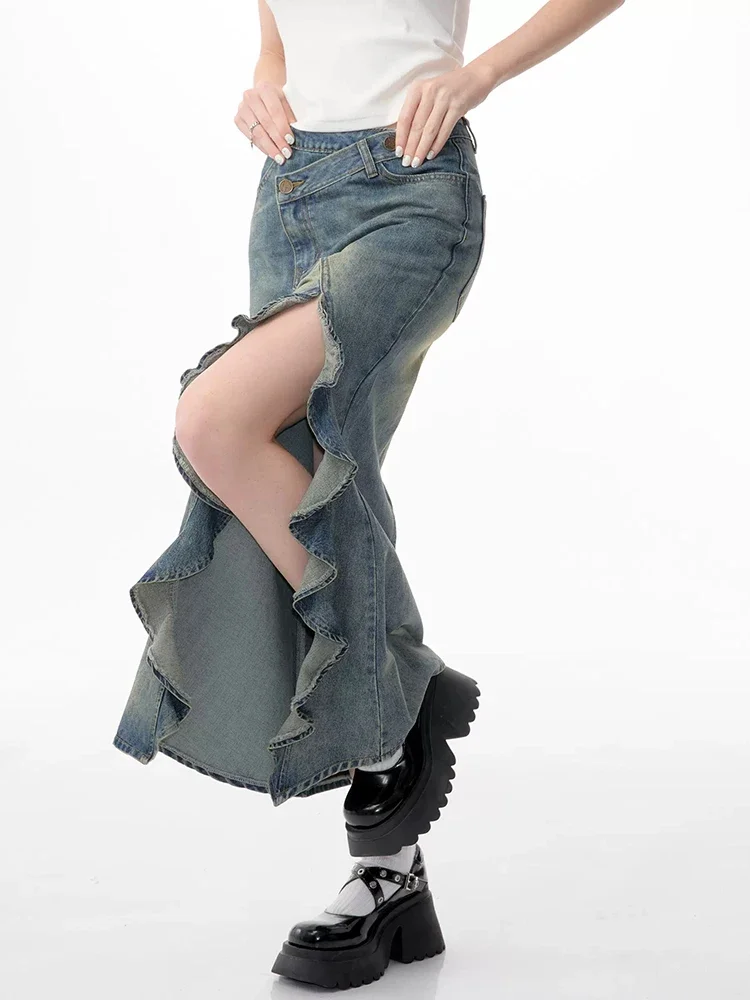 Summer New American Retro Women Skirts Blue Casual Loose Fashion Street A-line Skirts High Waist Slim Split Denim Skirts Female