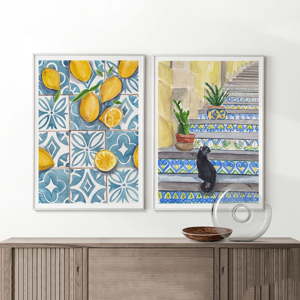 Sicily Steps Cat Vintage Canvas Painting Print Travel Traditional Portugal Poster Fruit Market Lemon Pictures Home Room Decor