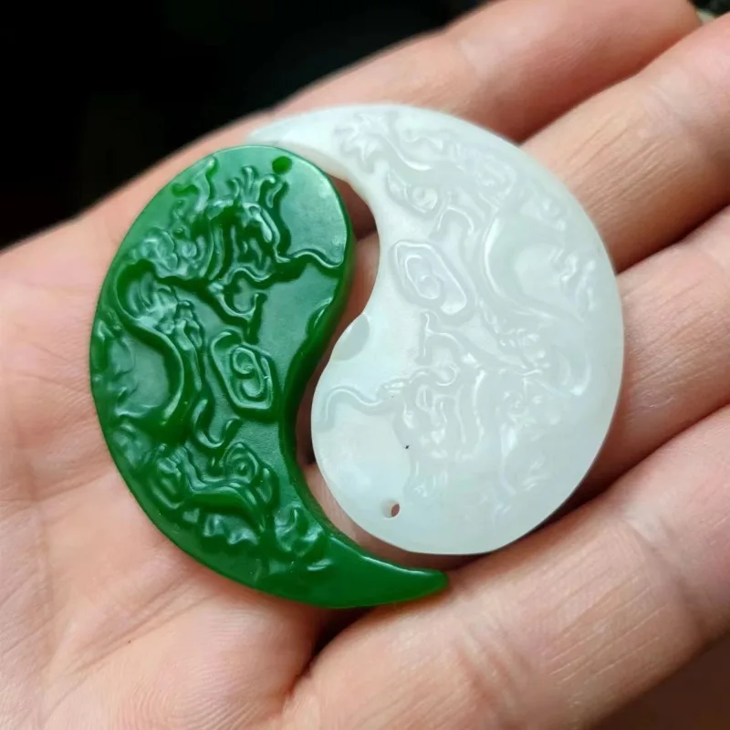 

Green and White Natural Hand-carved Dragon and Phoenix Pendant Fashion Boutique Jewelry for Men and Women Jade Necklace Gift