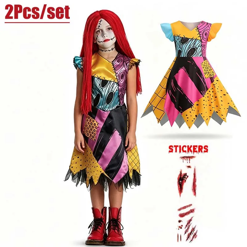 Children Halloween Party Costume Boys Skeleton Stripe Outfit Girls Colorful Patchwork Dress Holiday Fancy Role Play Clothes Set view 3