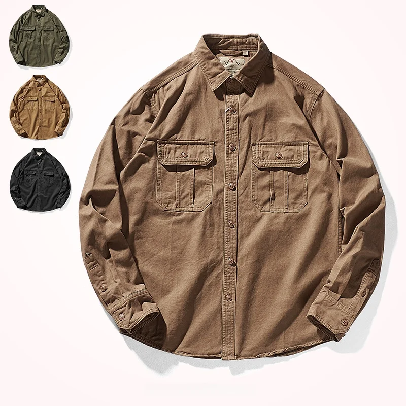 

Мужская рубашка из чистого хлопка в стиле ретро с длинными светящими пуговицами, осенняя новинка, подставка для молодежи Faion No Iron Treat...