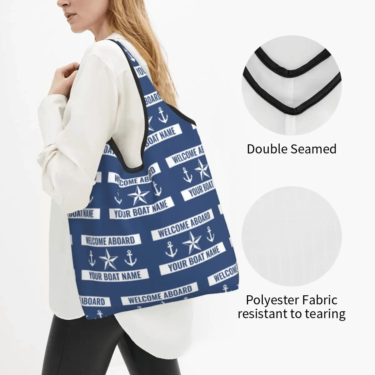 Reusable Welcome Aboard Nautical Boat Shopping Bag Women Tote Bag Portable Groceries Shopper Bags