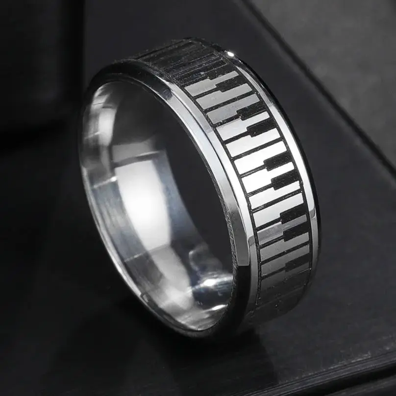 Fashion Men Women\'s Silver Color Piano Keyboard Wedding Band Ring for Music Lovers & Pianist Jewelry