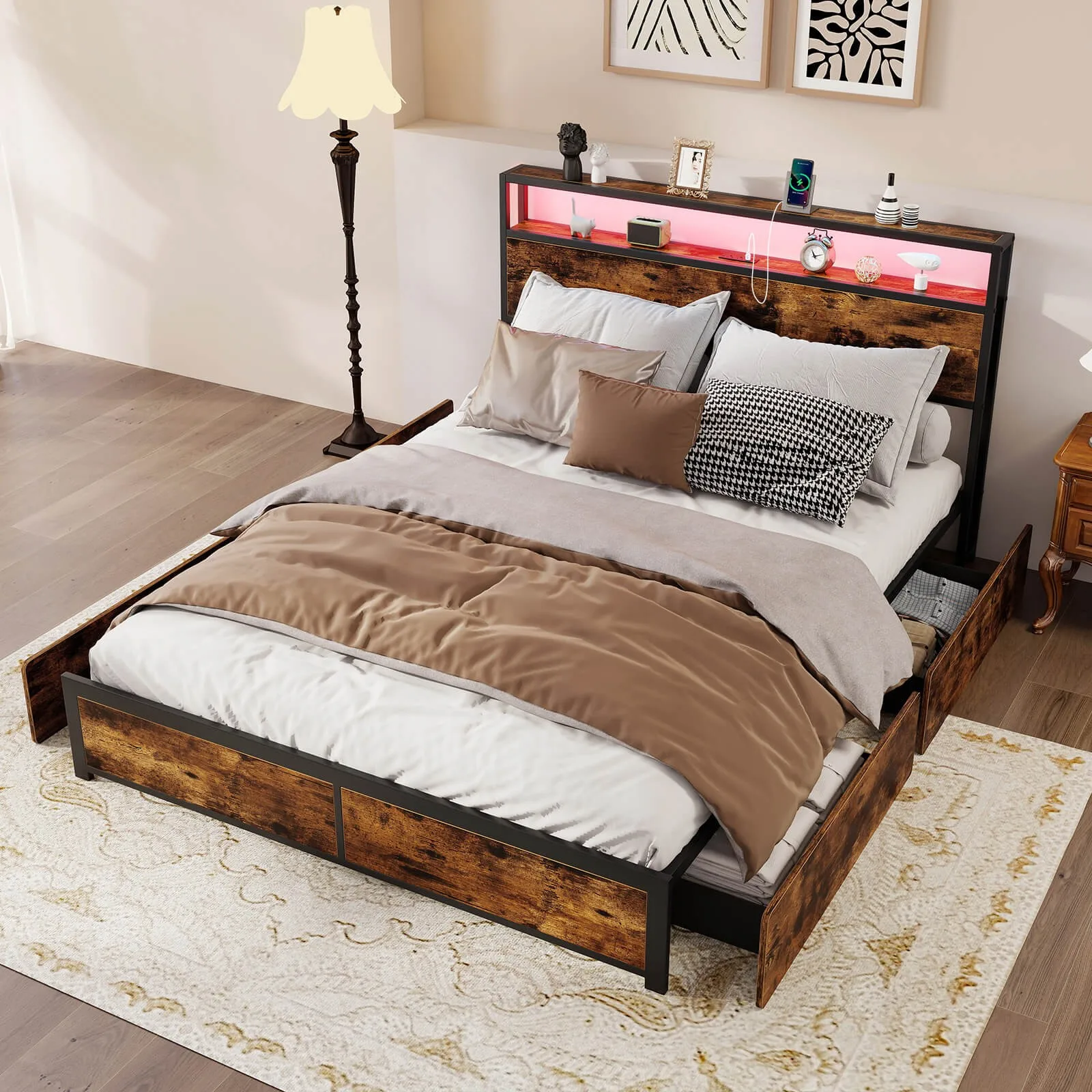 إطار سرير LED بحجم كوين مع لوح رأسي للتخزين بطبقتين ومحطة شحن ذات 4 أدراج