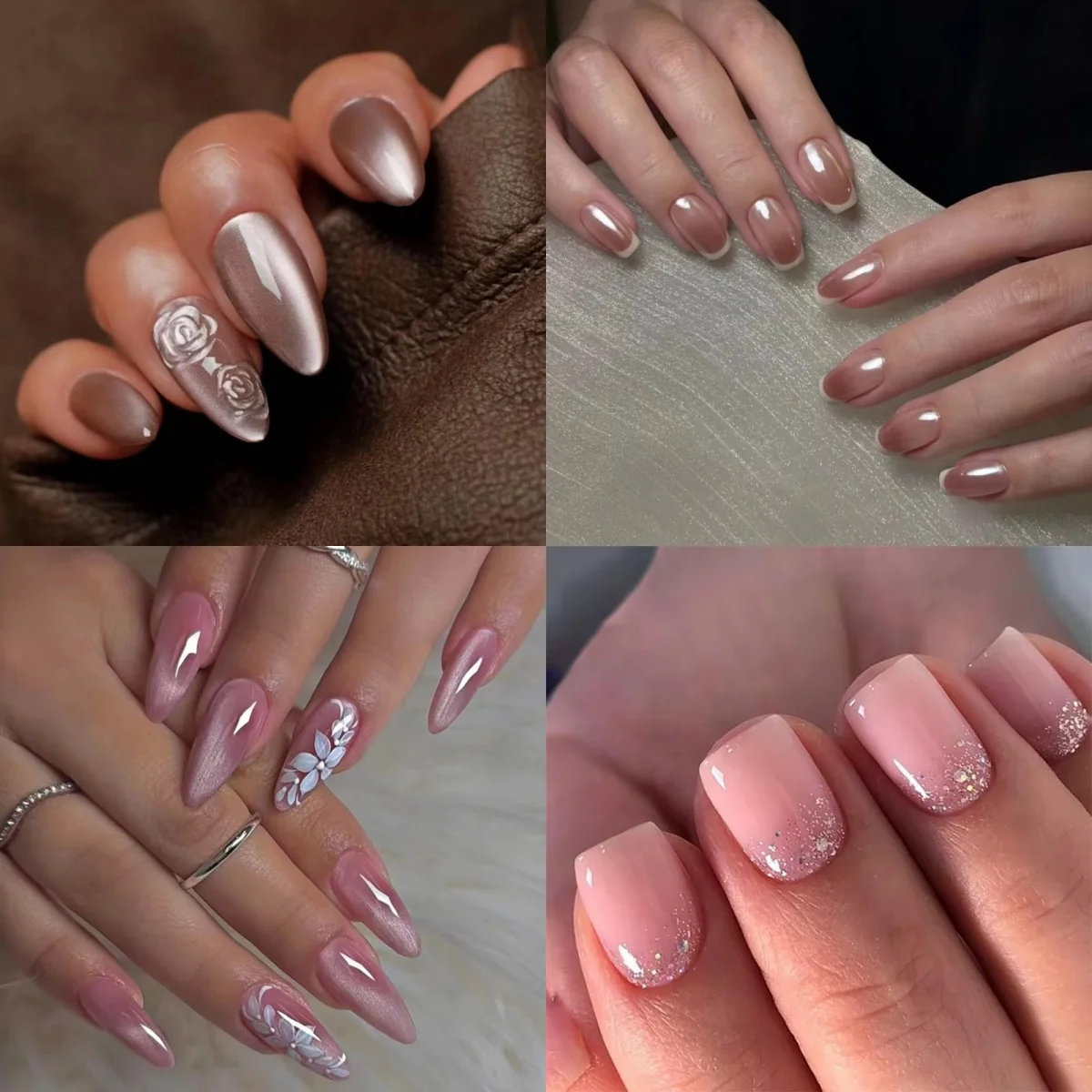

Glitter Powder Pearlescent Cat Eye Flower Square Long Pointed False Nails Art Almond Fake Nails Ballet Press on Nails Manicure
