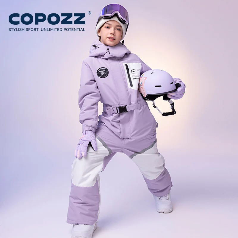 COPOZZ 2025 Children One-Piece Ski Jumpsuit Outdoor Sports Snowboard Overalls Waterproof Winter Ski Suit Jumpsuit Hooded For kid