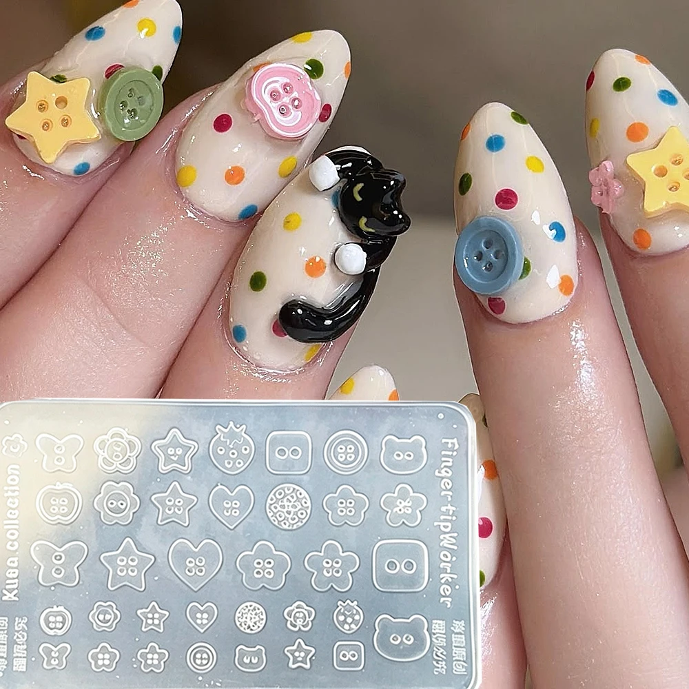 1Pcs Multi Design Button Silicone Nail Art Mold 3D Cute Star Heart Flower Bear Button Shape Nail Carving Template DIY Nail Tools