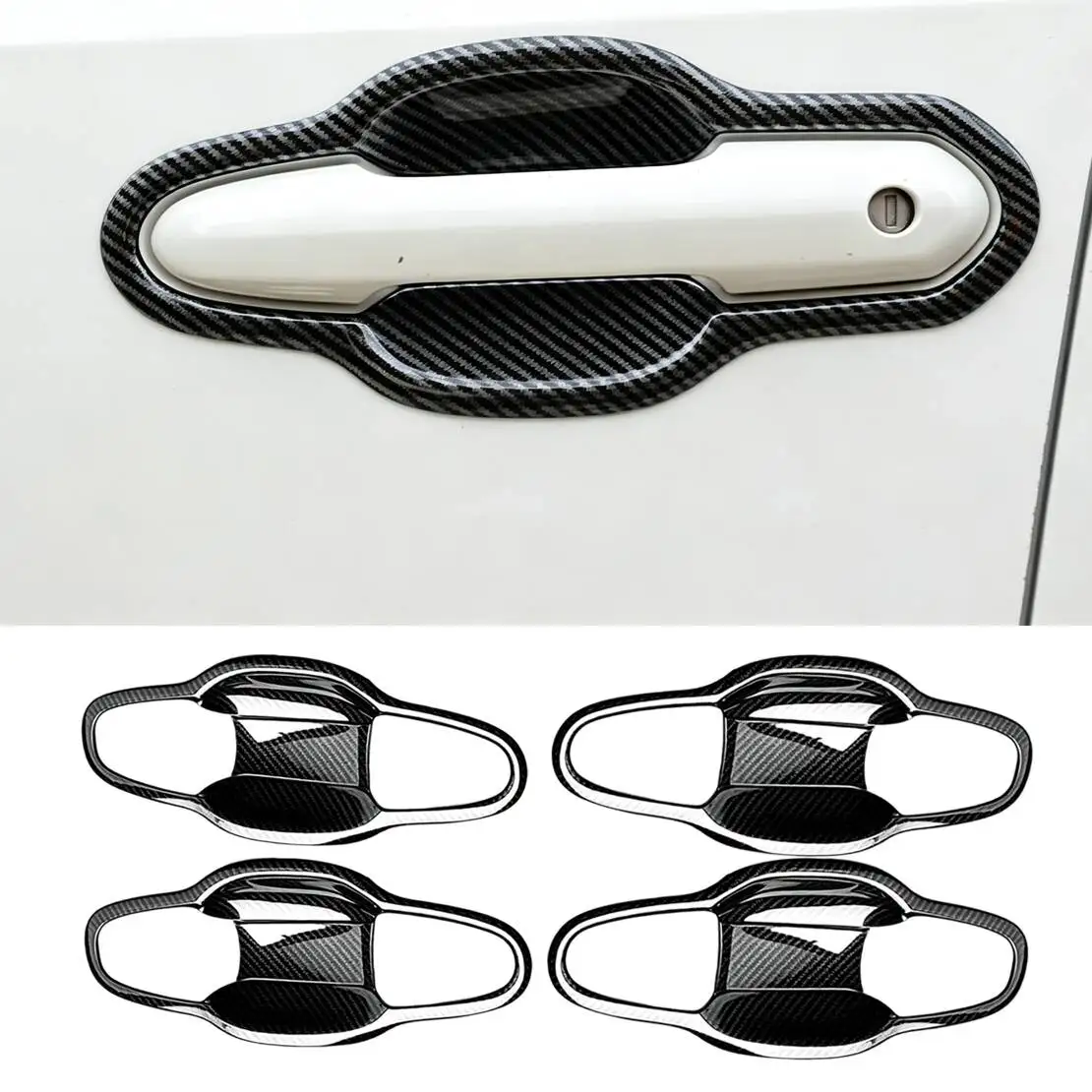 Carbon Fiber Style Exterior Door Handle Bowl Cover Trim Set Fit For Toyota Highlander 2022-2025