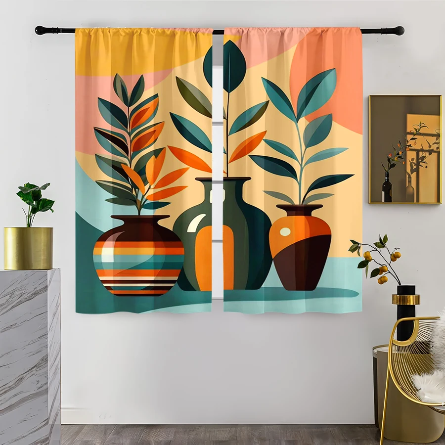 2PCS Digital Print Curtain, Abstract Vase Plant Orange Green Blue, Modern Geometric Nordic for Living Room Bedroom Decor