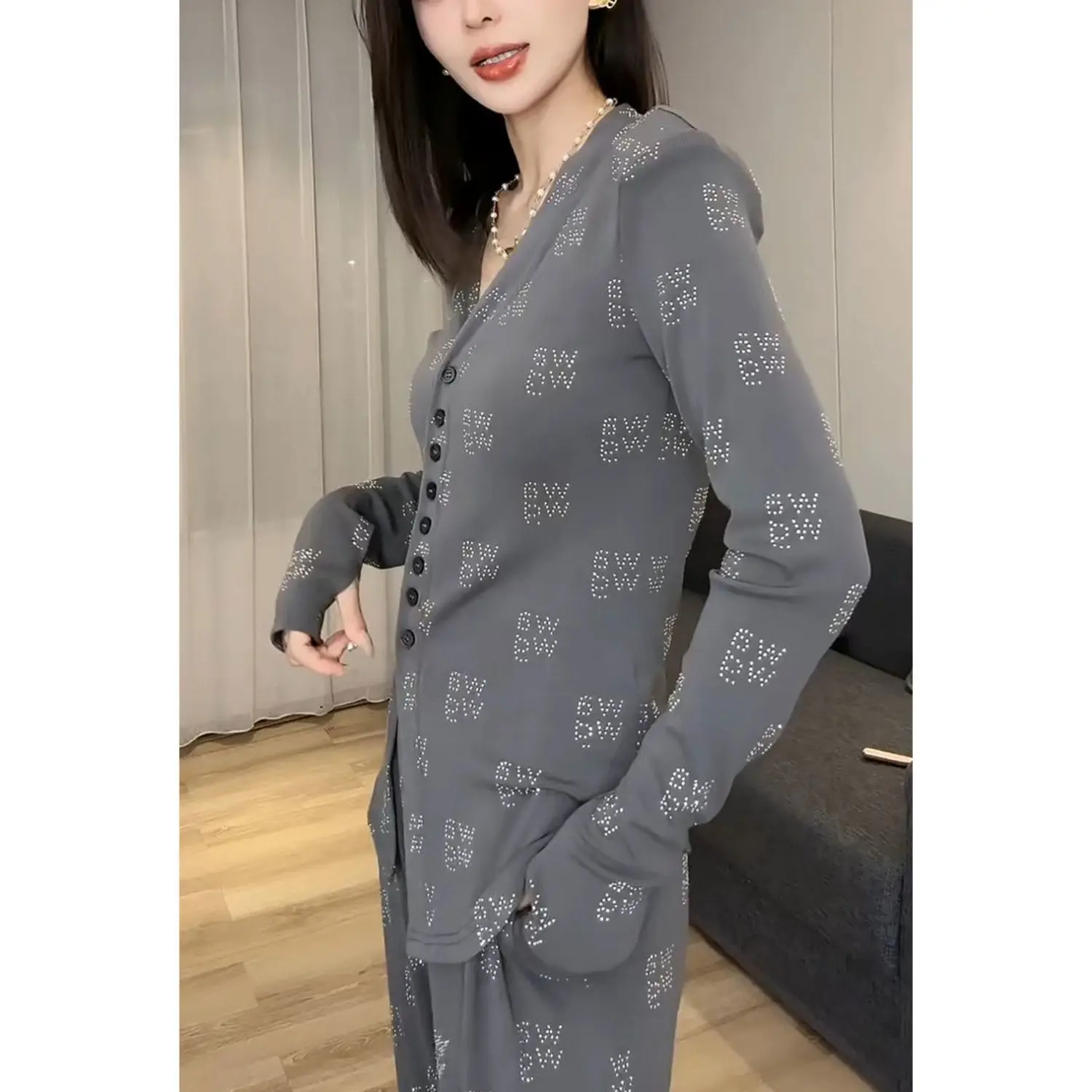 2024 Spring New Fashion Large Size Slimming Full Sky Star Hot Diamond Top Wide Leg Long Pants Casual Two Piece Set for Women