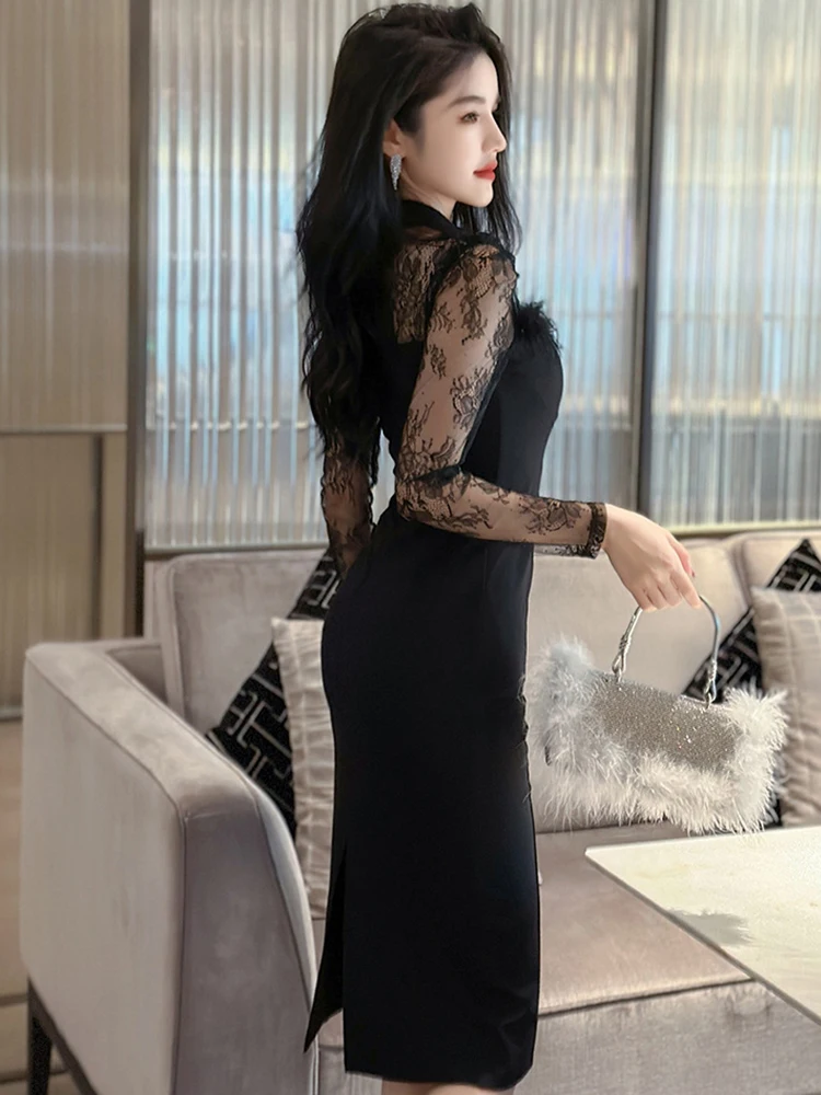 Elegant Retro Prom Dresses Women Black White Sheer Lace Long Sleeve Bodyocn Slit Robe Party Banquet Vestidos Mujer Club Clothes