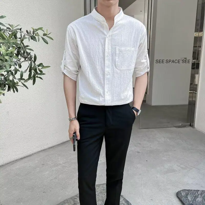 High-end Wrinkle Wave Free Ironing Fabric Thin Stand Collar Shirt Men's Short-sleeved Round Neck Shirt White 2025