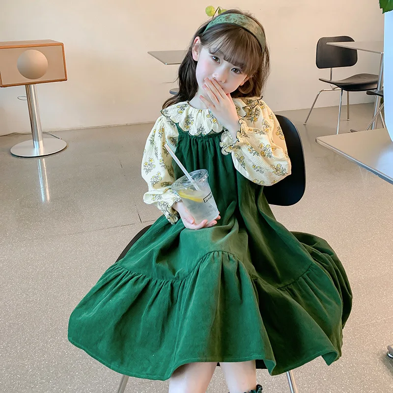 

Girls' Autumn and Winter New Velvet Long Sleeve Doll Floral Dress Two-Piece Set