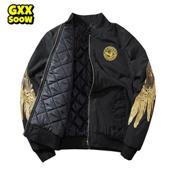 Men's Winter Hip Hop Jackets Gold Wings Embroidery Thick Bomber Jacket Men Streetwear Brand Clothes Casual Outwear Coat Black