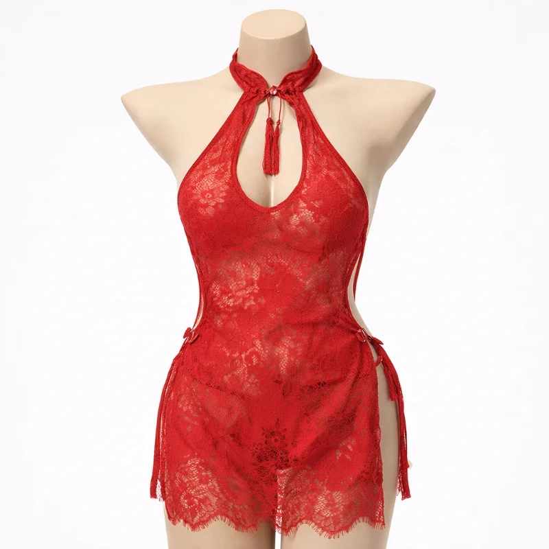Large Size Qipao Underwear Set Sexy Uniform Lace Invitation Strap See-through Passion Sleepwear Attraction Excitement Innerwear