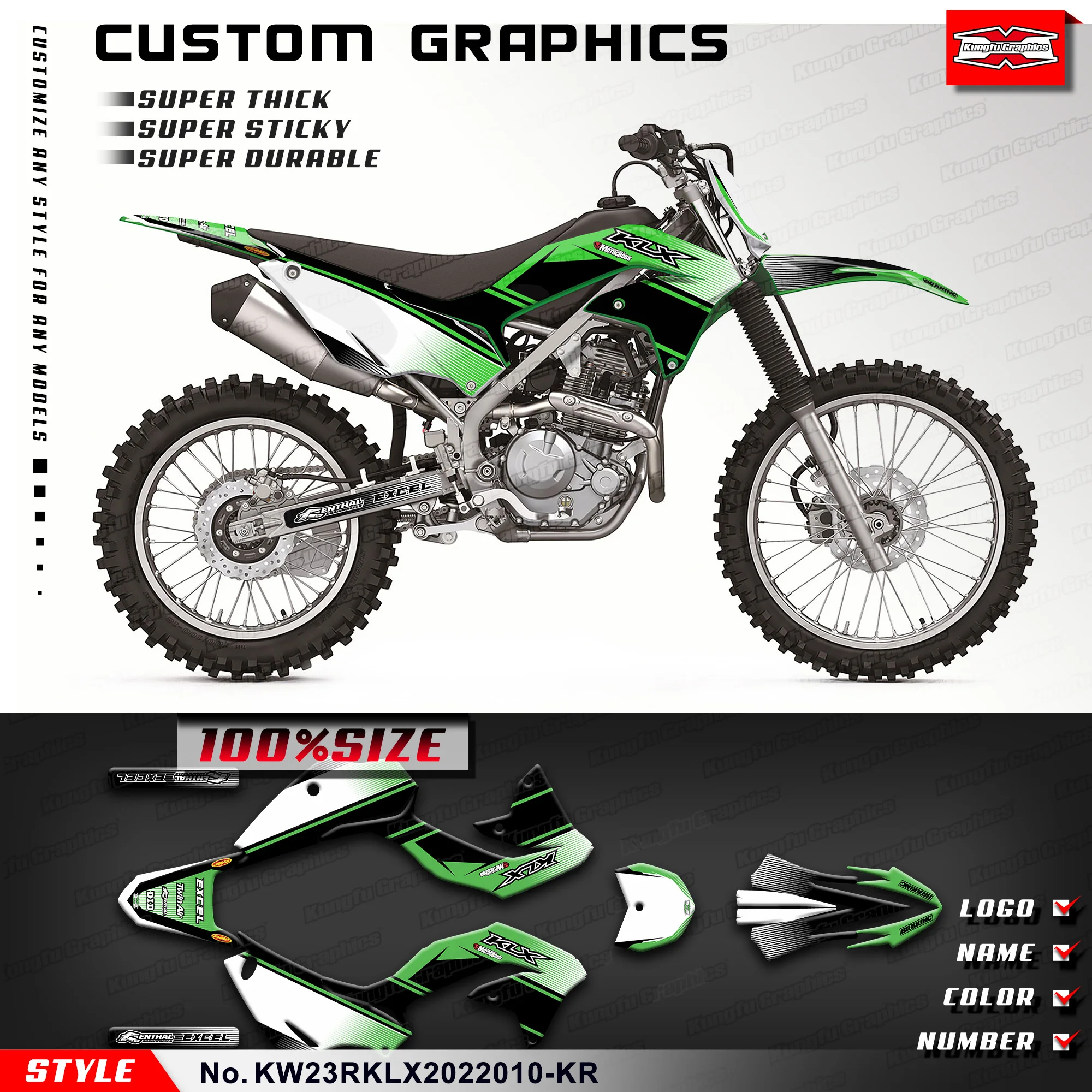 

KUNGFU GRAPHICS Vinyl Sticker Glossy Laminate for Kawasaki KLX230R KLX230RS 2020 2021 2022 2023 2024, KW23RKLX2022010-KR