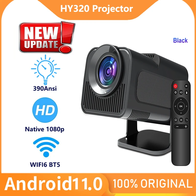 HY320 Projector 4K Android 11 390ANSI Native 1080P Dual Wifi6 BT5.0 Cinema Outdoor Home Theater  For office outdoor camping