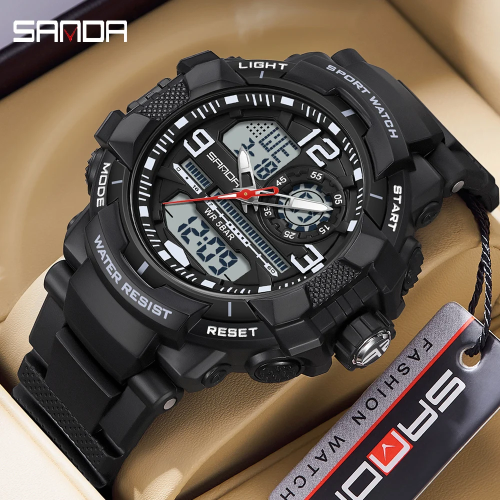 

SANDA Мужские кварцевые часы с двойным дисплеем 5ATM Водонепроницаемые спортивные часы со светодиодным аналоговым дисплеем Многофункциональные электронные мужские наручные часы