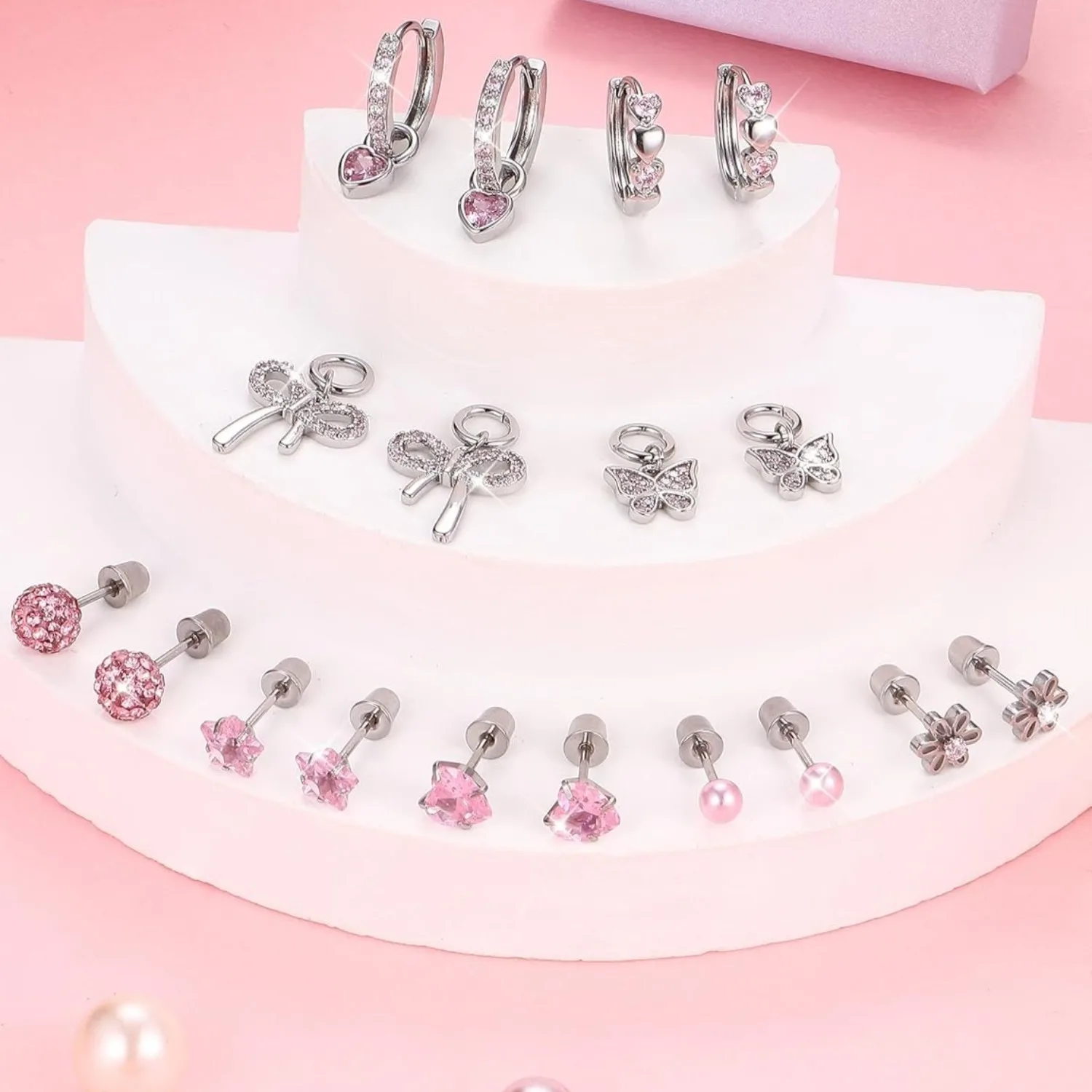 Florideco Hypoallergenic Stud Hoop Earrings Set for Women Surgical Steel Cute Pearl Flower Butterfly Earring Jewelry Gifts