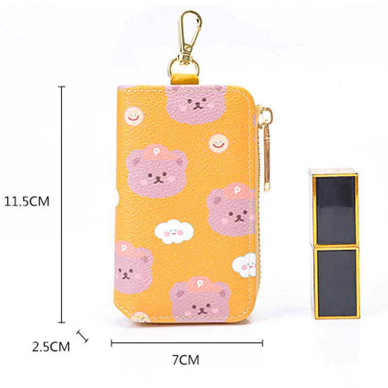 LLavero de gran capacidad con estampado de oso para mujer, cartera con cadena y cremallera para llaves de coche, funda organizadora de cuero PU,