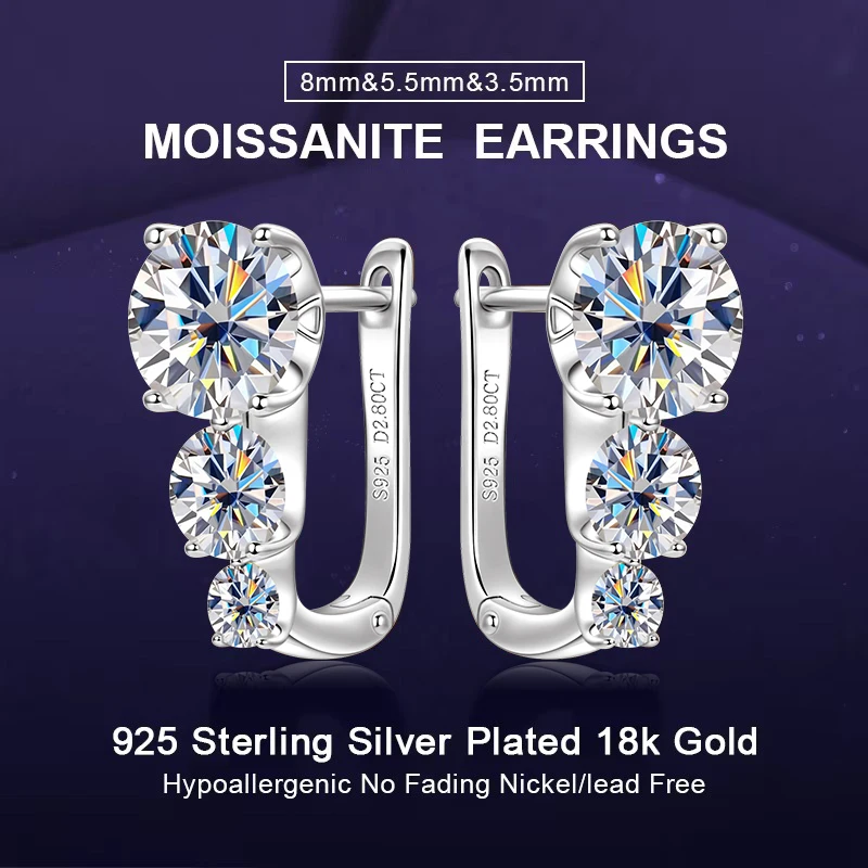 

IOGOU Women's Three-stone Round Moissanite Clip Hoop Earrings 8mm&5.5mm&3.5mm D Color Diamond U-Shaped Earring 925 Silve Jewelry