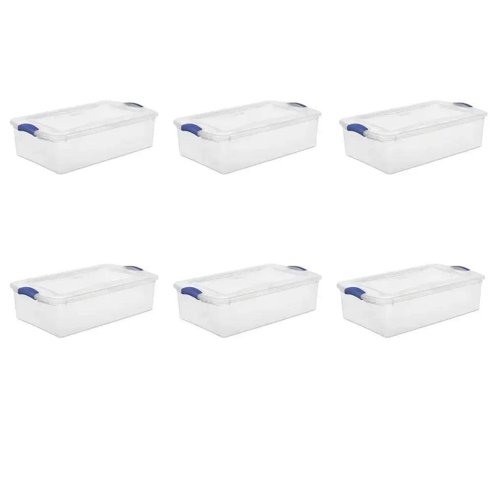

Plastic Latch Box Set of 6 Stadium Blue 32 Qt. Storage Solution Stackable Underbed Organizer Ideal Linens Towels Clothing. Clear