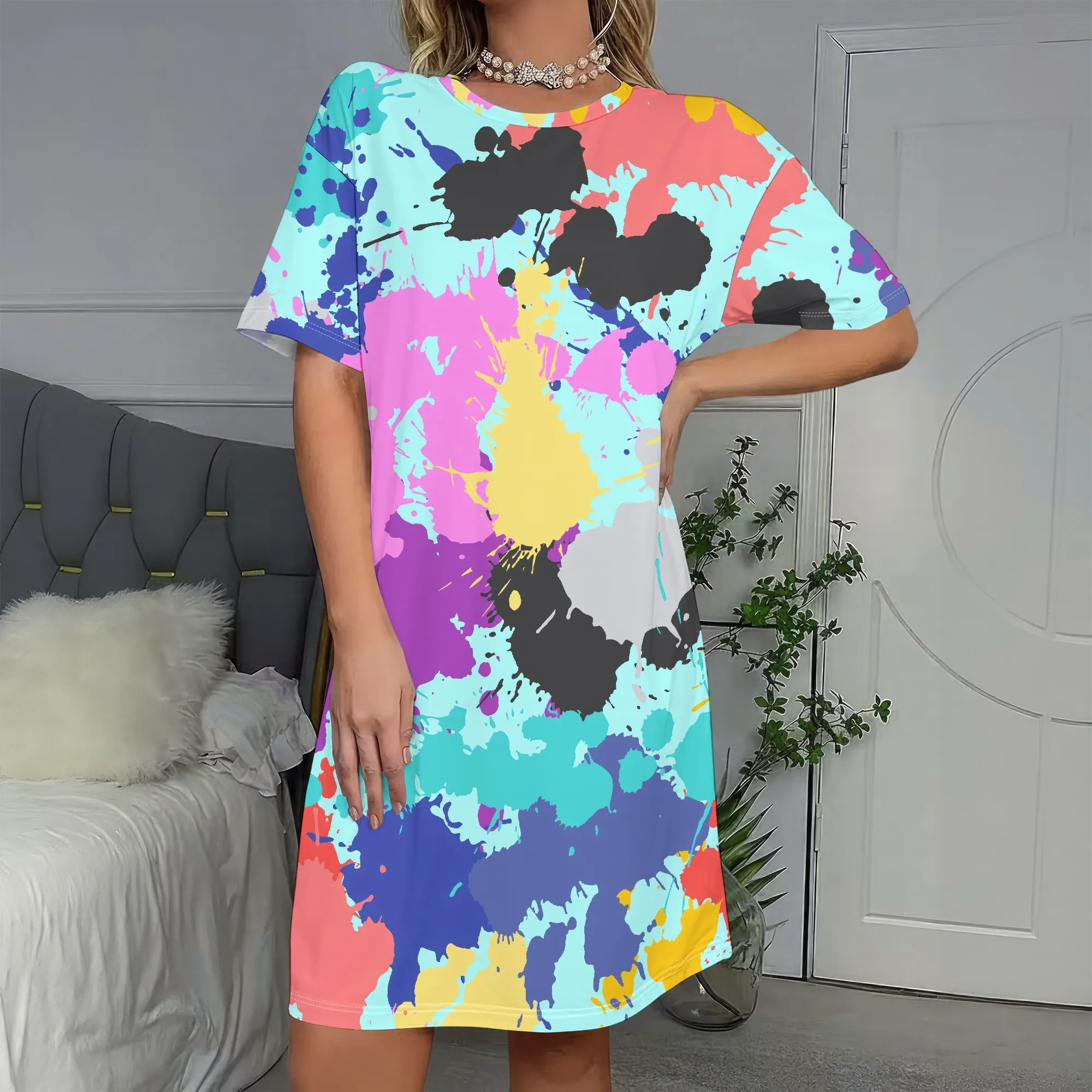 

Vibrant Paint Splatter, Graphic T-Shirt Dress, Abstract Art Print, Casual Summer Outfit, Women's Loose Fit S-2XL