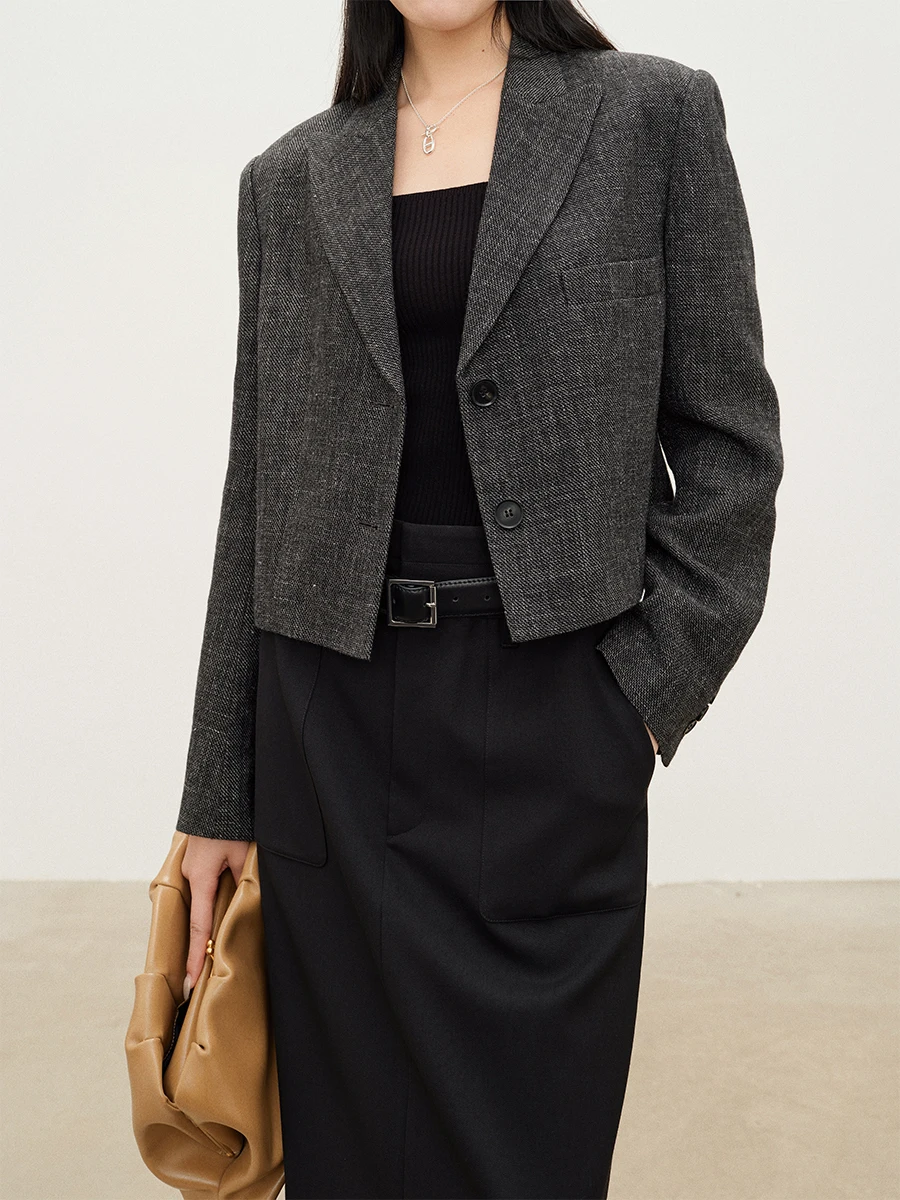 Amyy Studios Vintage Woolen Short Suit Elegant Commute Style Women's Fashion Straight Cut Long Sleeve Single Button Pure Color