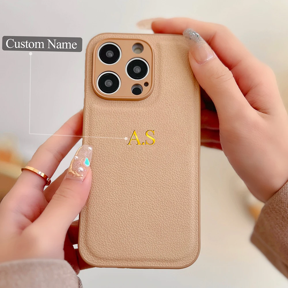 

Personalised Customized Name Luxury Leather Case For iPhone 11 12 13 14 15 16 Pro Max Plus Initials Letters DIY Engraved Cover