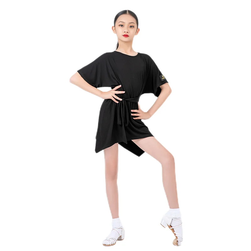 Girls Modal Long Shirt Comfortable Tee Shirt Dress With Belt Round Neck Dancewear Ballroom Dancing Latin Salsa Tango Basic Wear