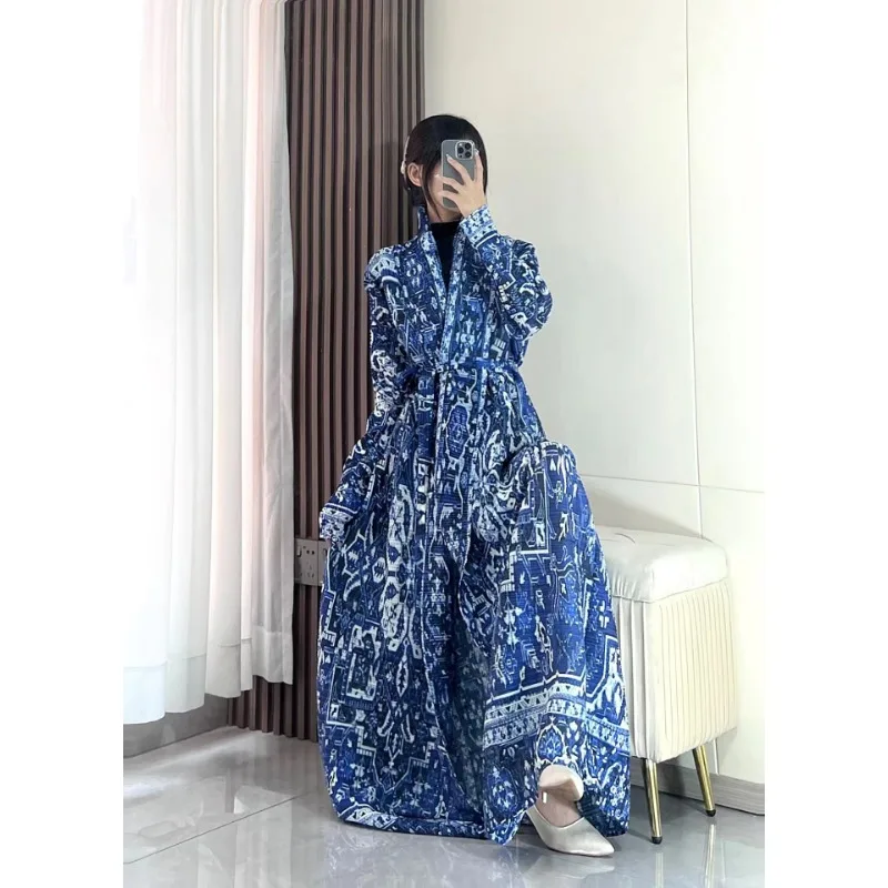 Miyake Pleated Blue Printed Robe Fashion Original Designer Women\'s Long Sleeved V-neck Coats and Jackets