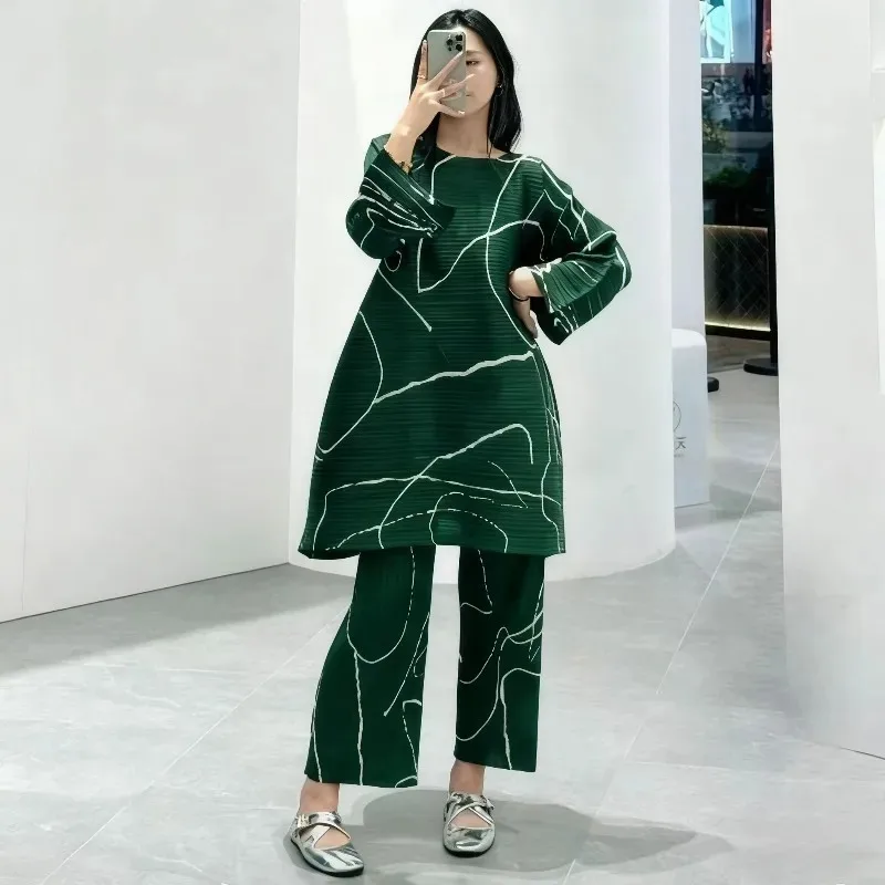 Geplooide lange topjurk voor dames Miyake 2025 herfst beperkte eenvoudige losse rechte broek pak mode commuter Japanse dames