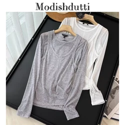 Modishdutti 2024 Autumn High Quality Women Fashion Loose O Neck Knitted T-Shirt Female Solid Casual Long Sleeve Pullover Tee Top